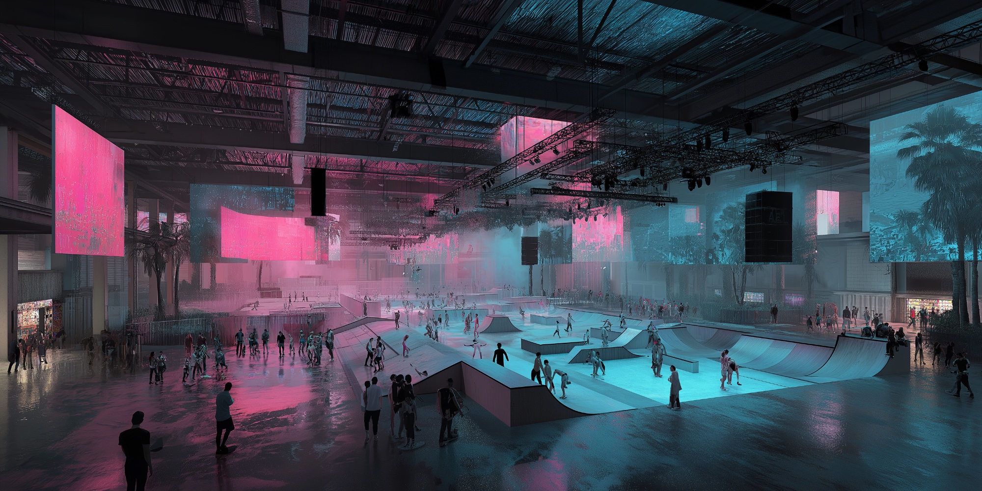 Indoor event hall with skatepark and neon lighting