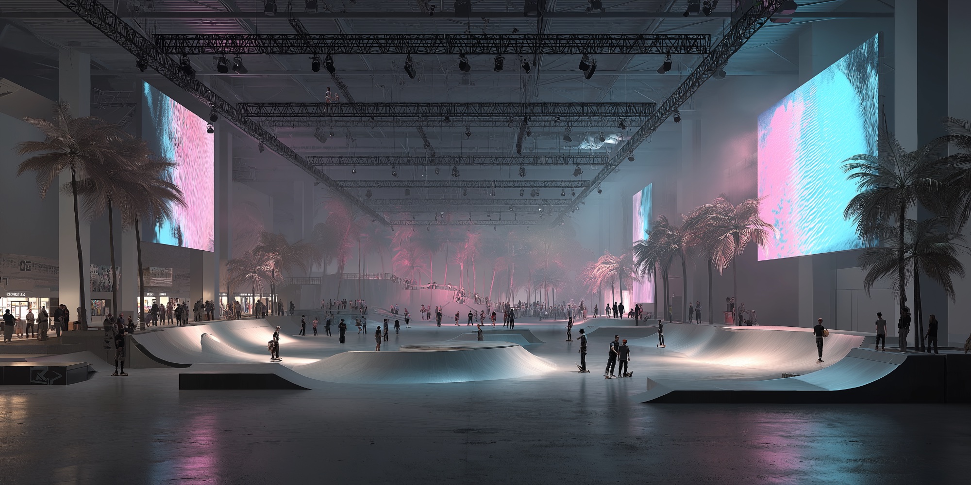 Palm trees and LED screens inside Expohallen Basel